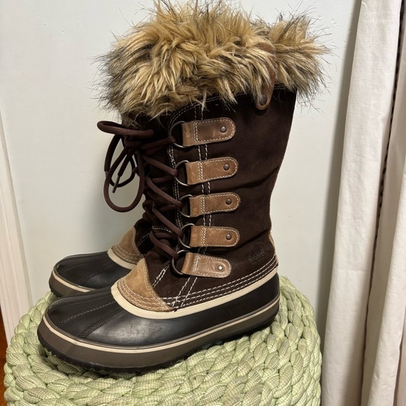 Sorel Joan Of Arctic Waterproof Fur Trim Brown Suede Lace Up Tall Winter Boots - Picture 1 of 10